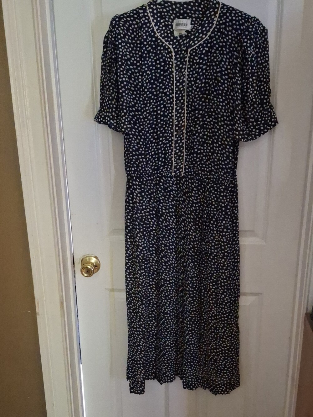 Leslie Fay Navy Midi Dress with White Polka Dots